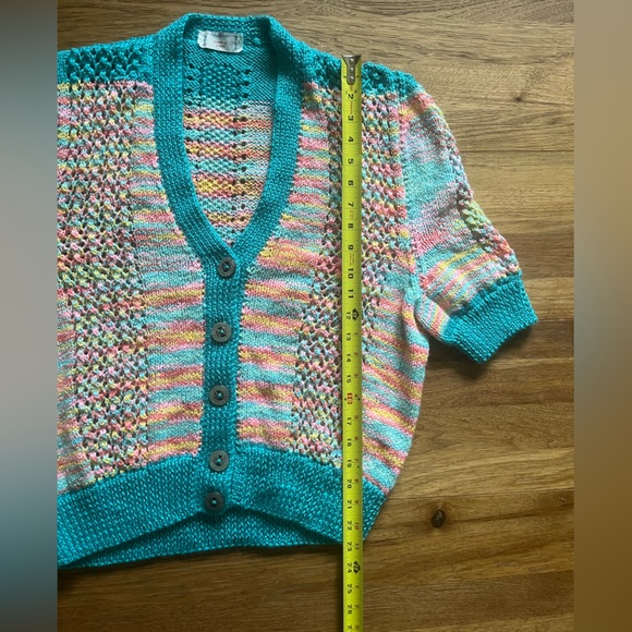 Handmade Rainbow Knit Short Sleeve Cardigan Sweater Women’s Artisan Boho - Picture 7 of 8